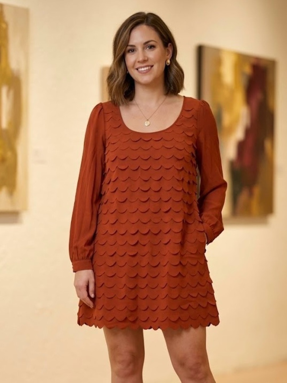Blu Pepper Rust Terracotta Scalloped Layered Shift Dress Boho 70s Cocktail Party